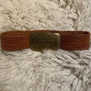 Woven Leather Belt Braided Tan Brass Buckle Western Boho Style
